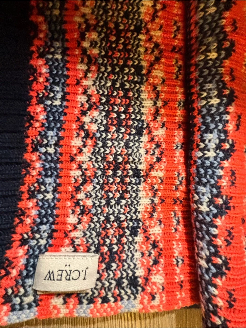 J.Crew Navy Knit Scarf with Multicolor Fair Isle Trim